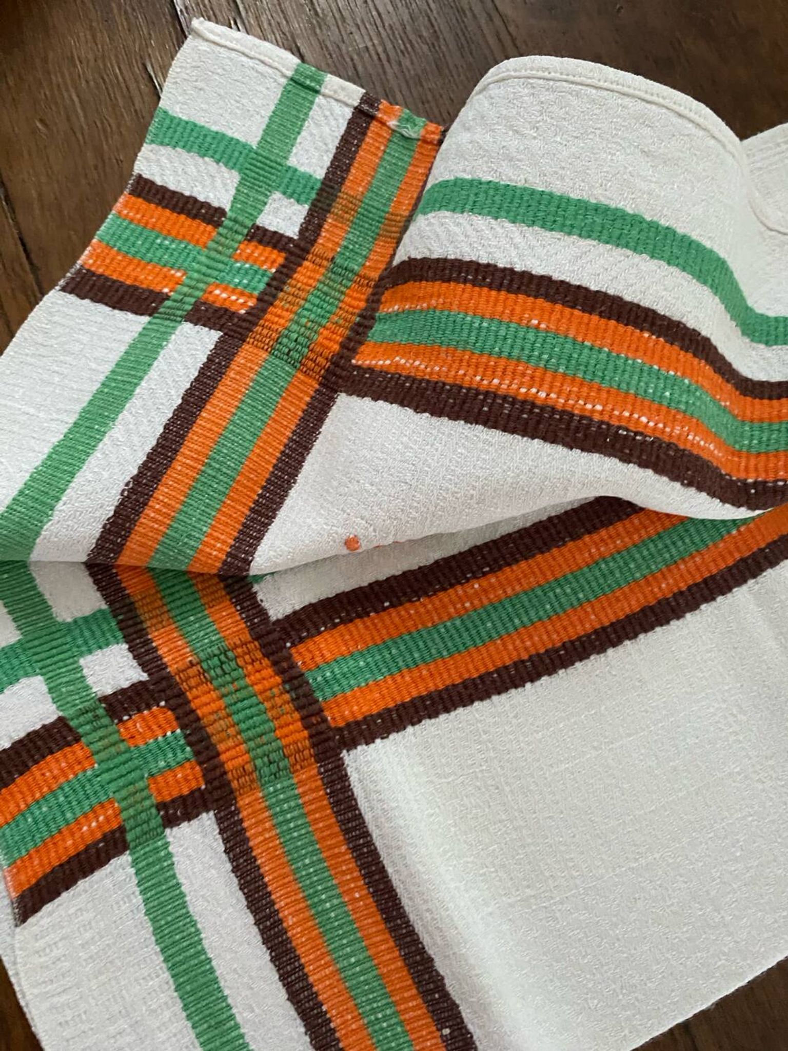 8 serviettes de table vintage liteaux oranges et verts monogramme JB