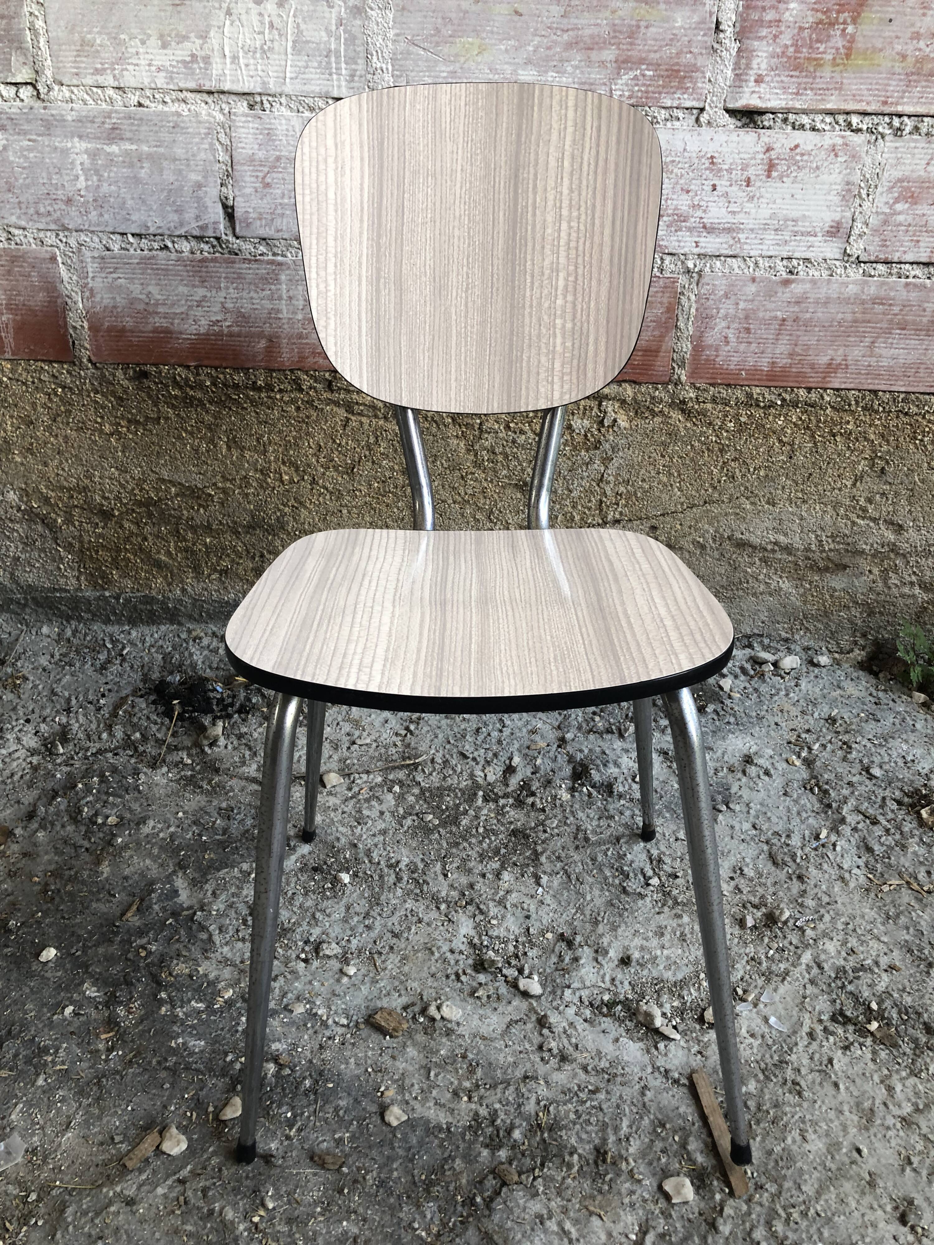 Series of 4 old formica chairs white grey + feet compass metal chrome 70's