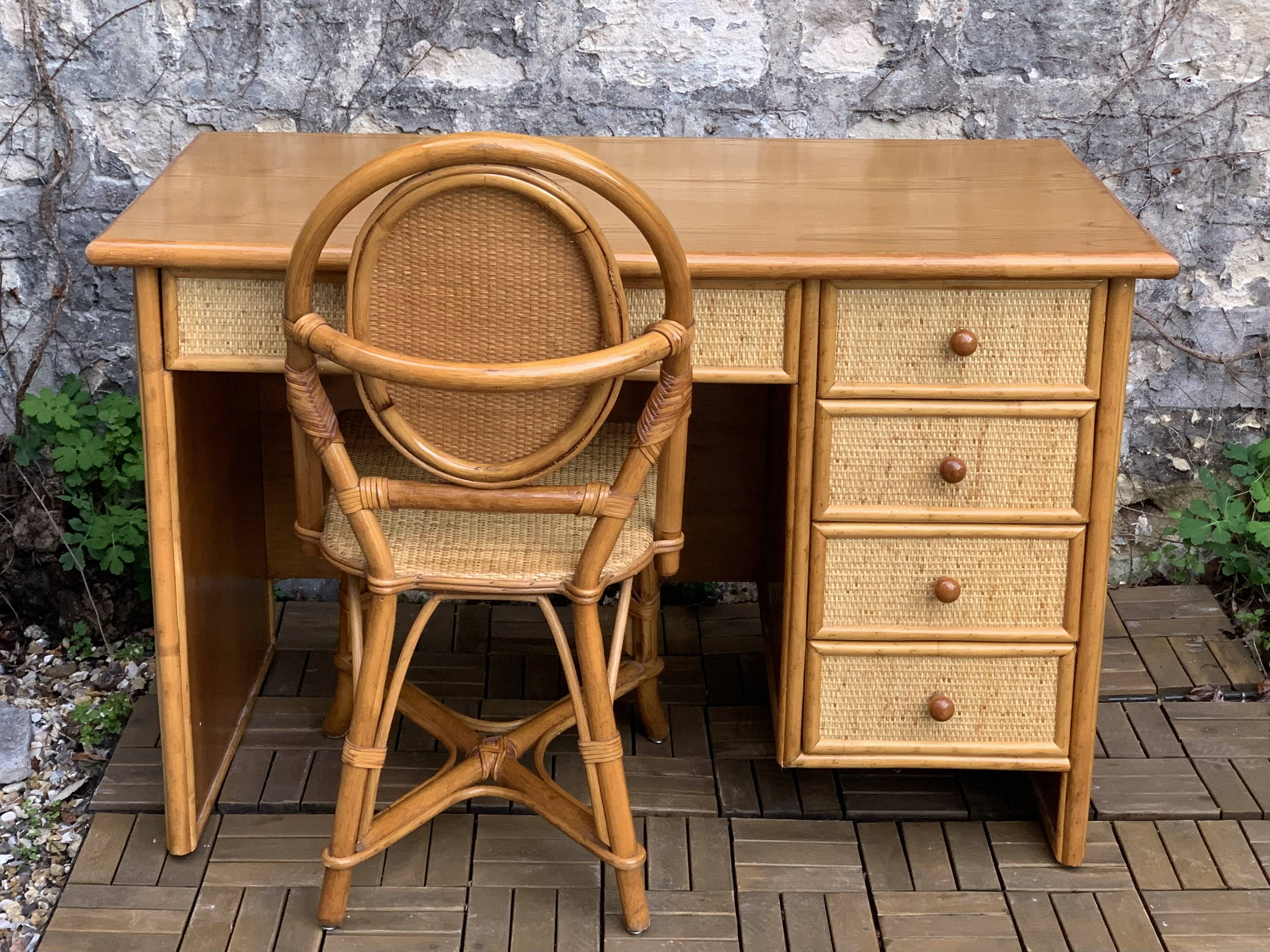 Vintage rattan and woven wicker desk 1970