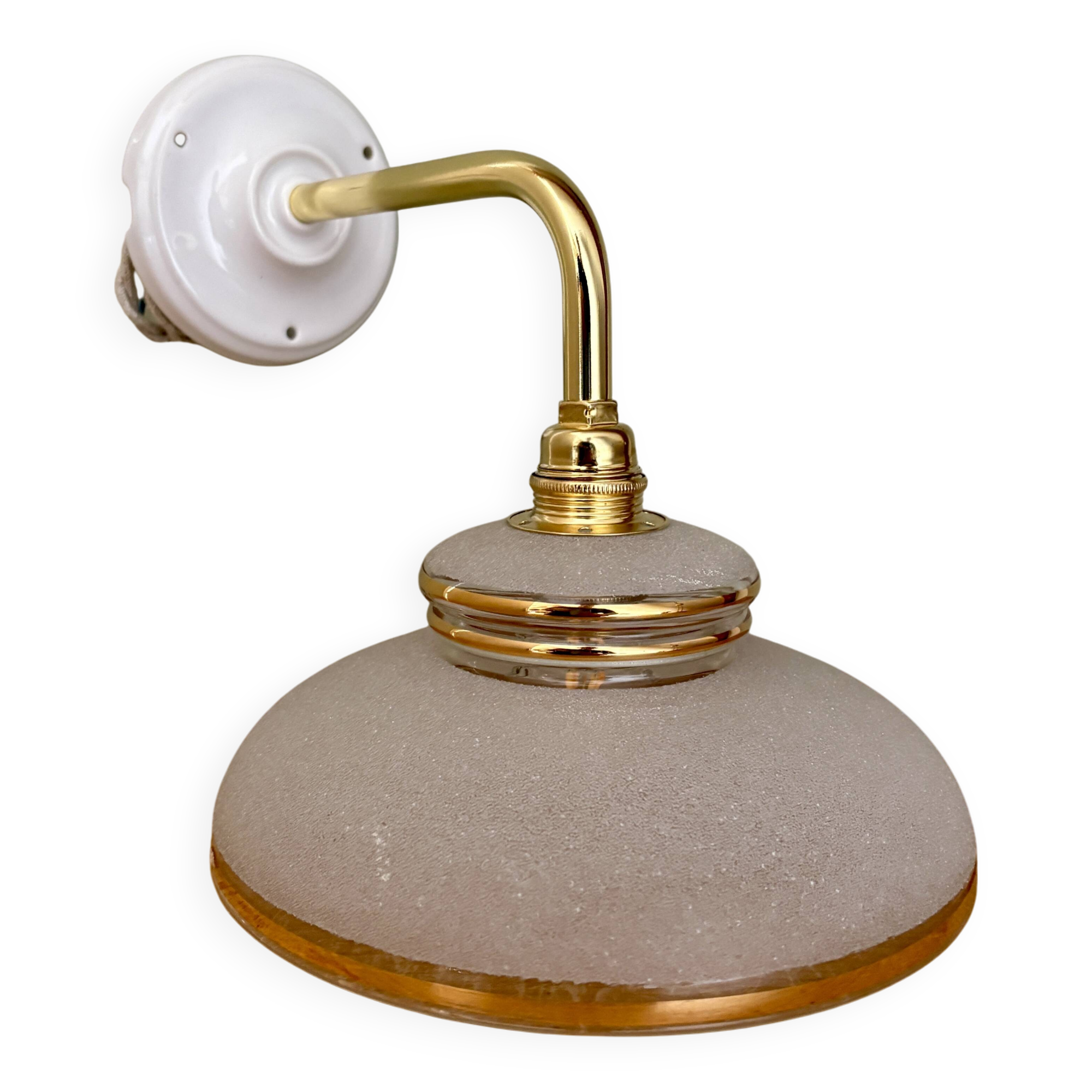 Vintage elbow wall lamp with white and gold granite glass shade