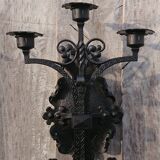 Pair of black wrought iron sconces - neo-Gothic style - from the 1950s