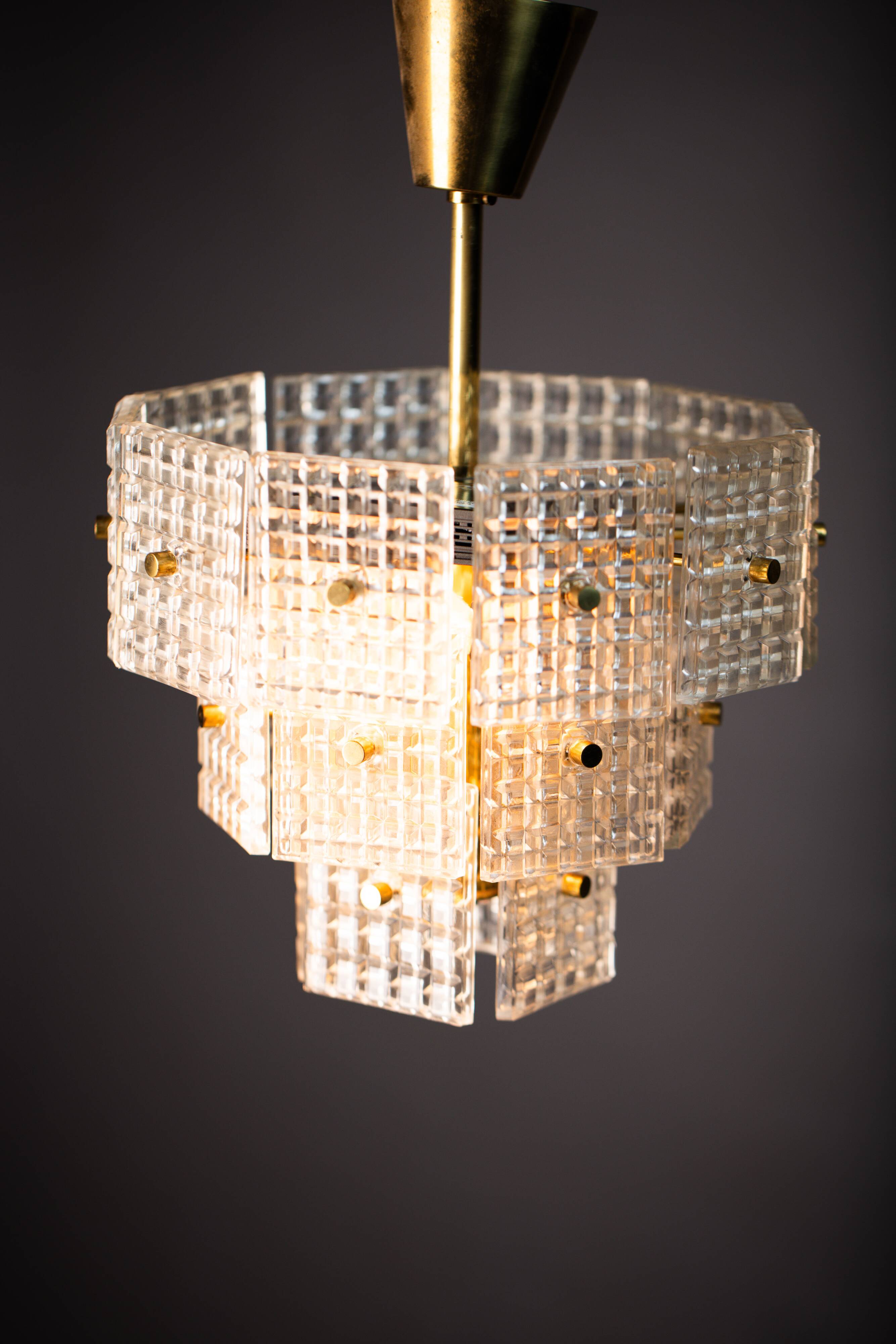 Vintage Embossed Glass Chandelier: 1970s Brass Pendant Lamp