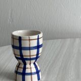 Ceramic egg cup, blue and beige checkered pattern
