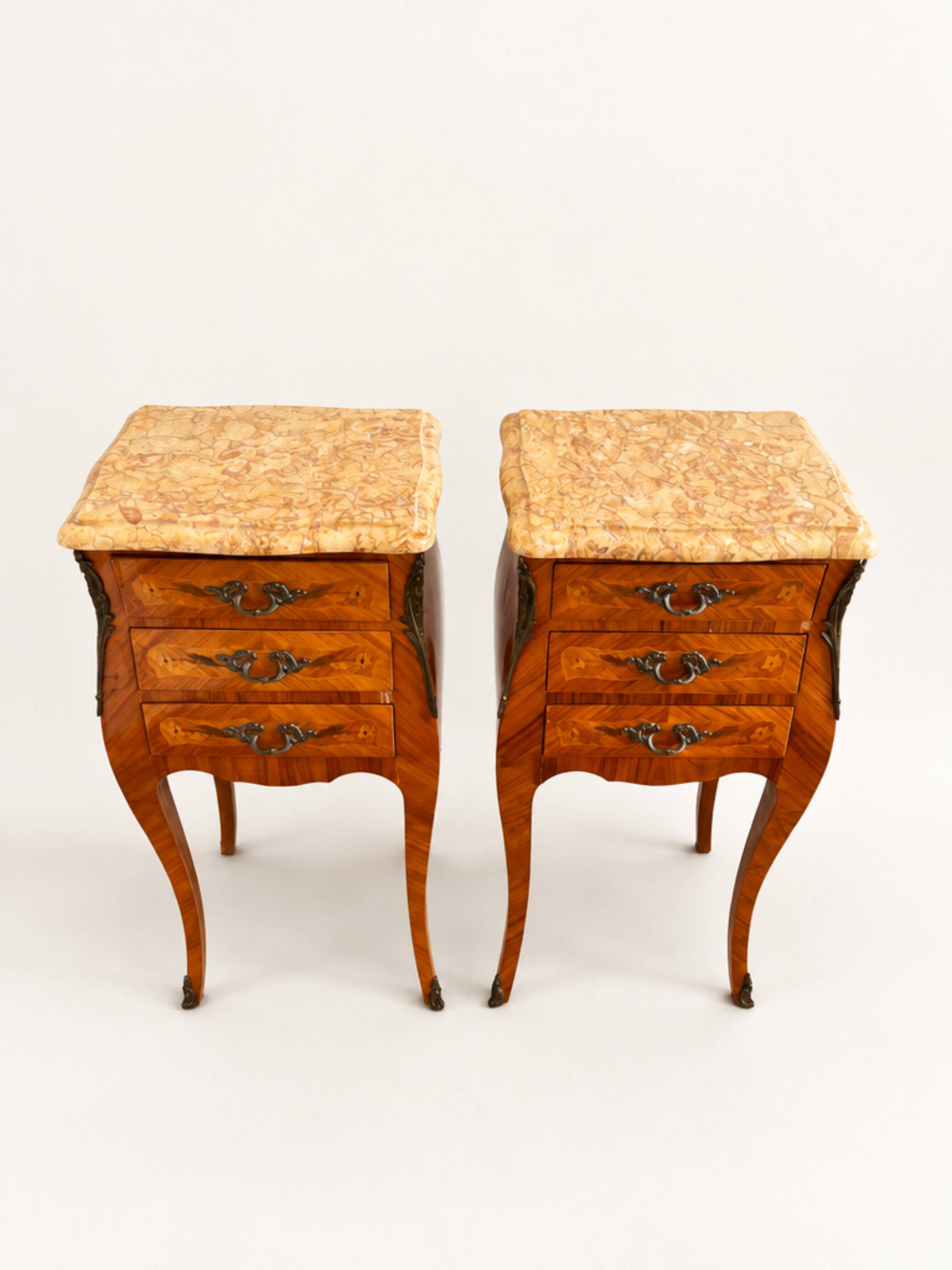 Pair French Rosewood Nightstands, Louis XV Marquetry Bedside Tables