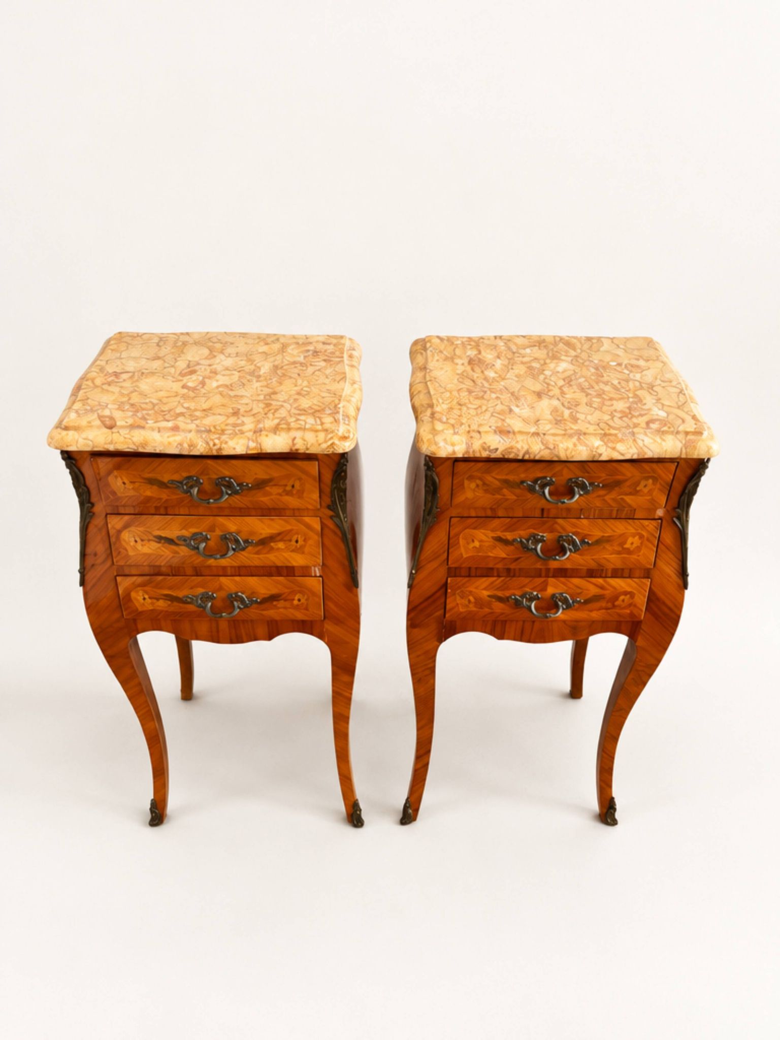 Pair of French rosewood bedside tables, Louis XV marquetry nightstands.