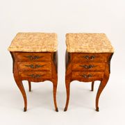 Pair of French rosewood bedside tables, Louis XV marquetry nightstands.