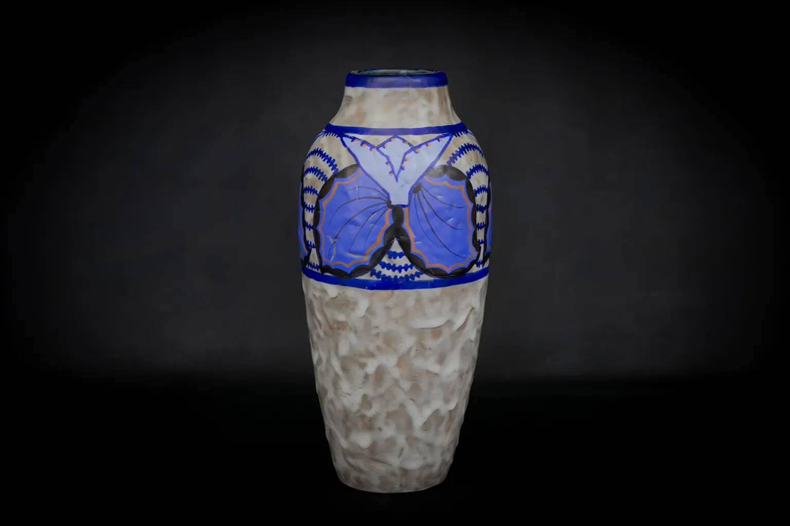 Vase Art déco en grès émaillé de Louis Dage, motifs papillon, circa 1930