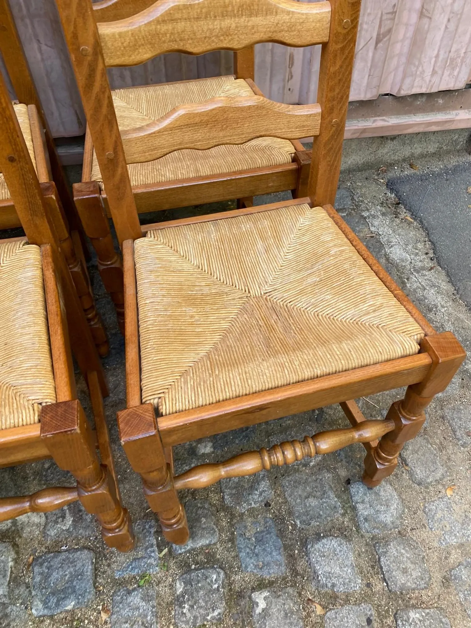6 Rustic Oak and Straw Chairs — 1970s Country Style