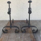 Aire de landiers a crémaillère fer forgé cintré avec porte broche vintage
