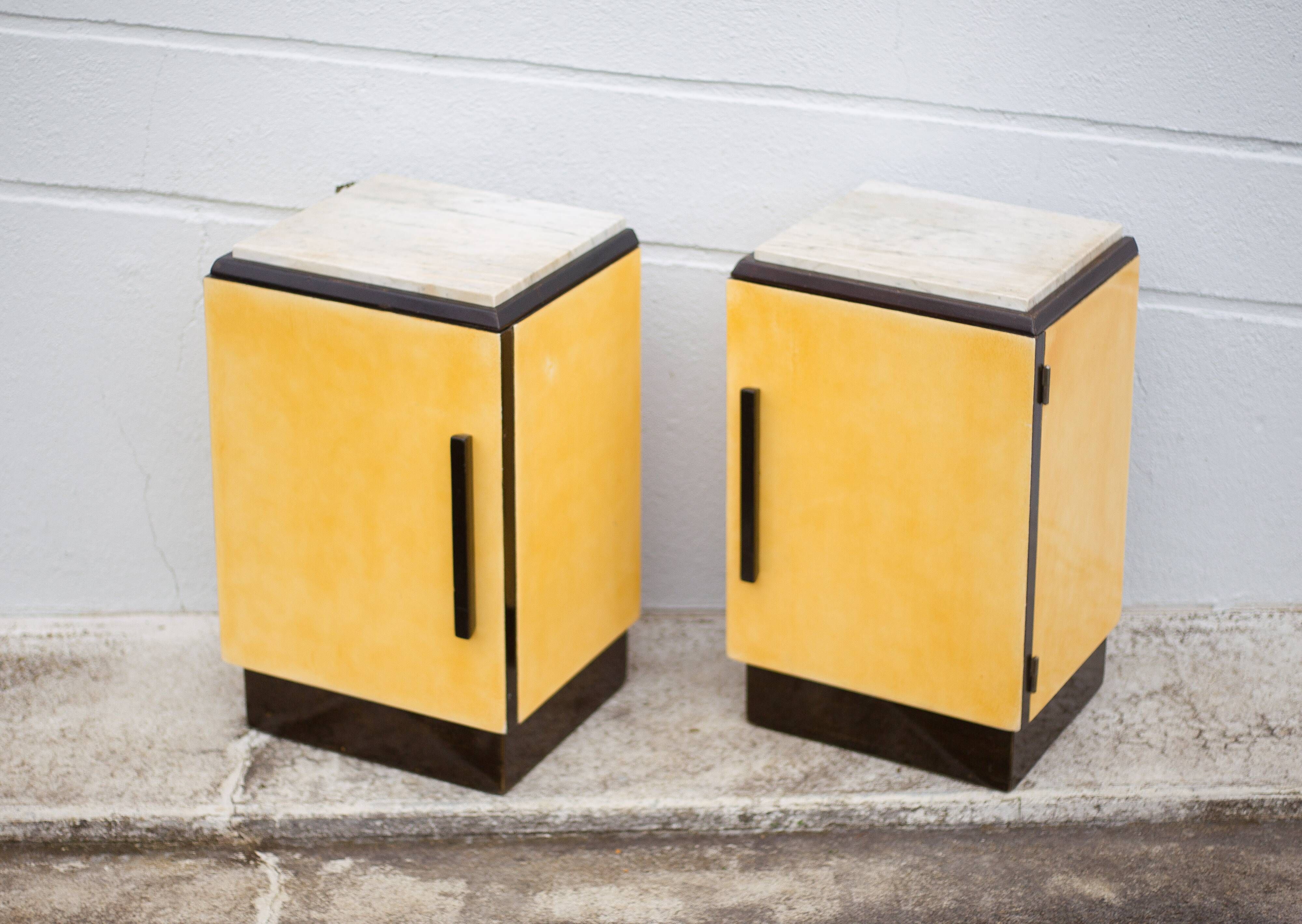 Pair of lacquered wood nightstands with brand plate, vintage bedside table, bedroom furniture