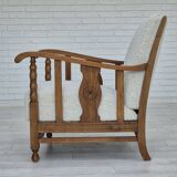 1950s, Scandinavian design, reupholstered armchair, white/light gray fabric, oak.