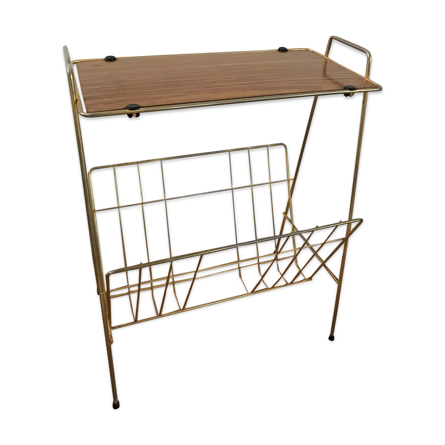 Vintage magazine holder in gold metal and Formica tray