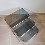 Set of 3 nesting tables with chrome metal legs and smoked glass from the 70s