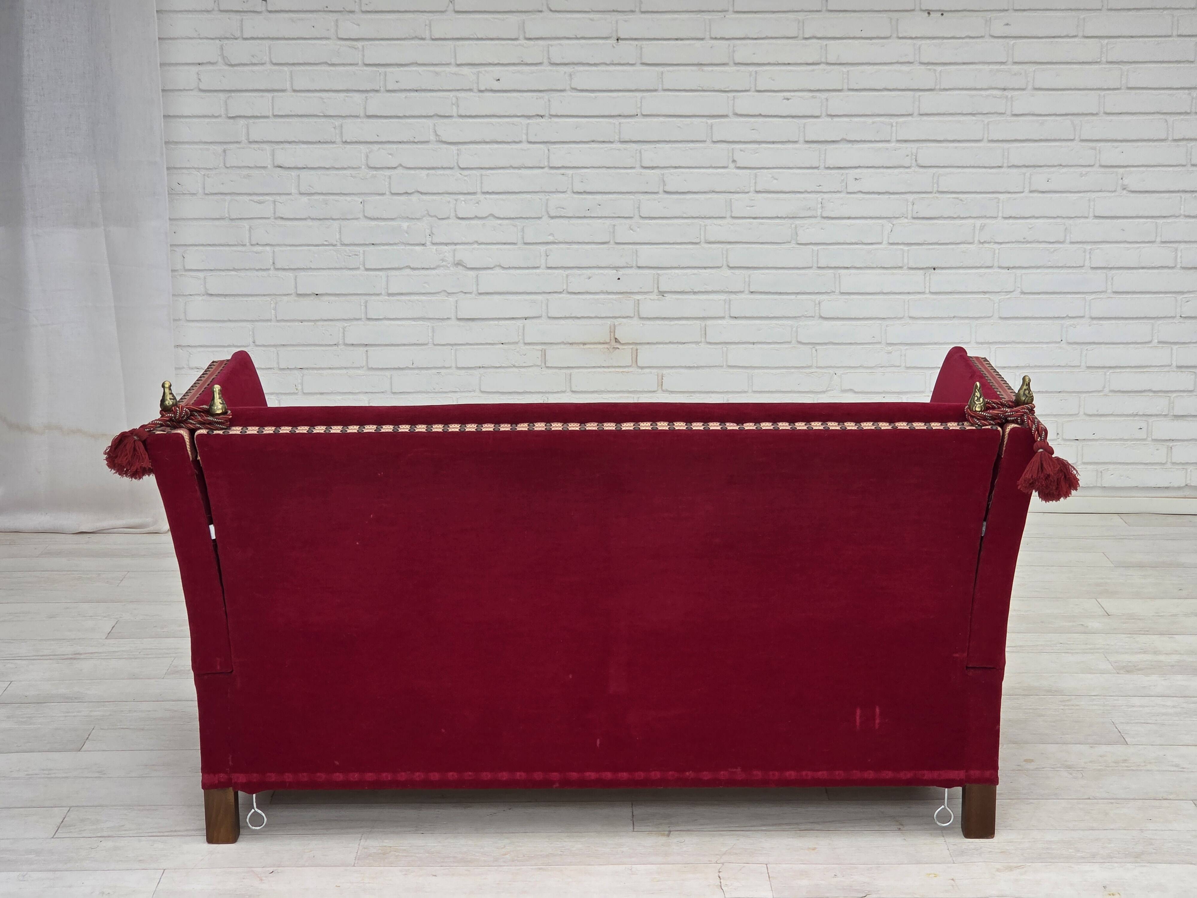 1970s, Danish 2-seater "Spanish" drop arm sofa, red furniture velour.