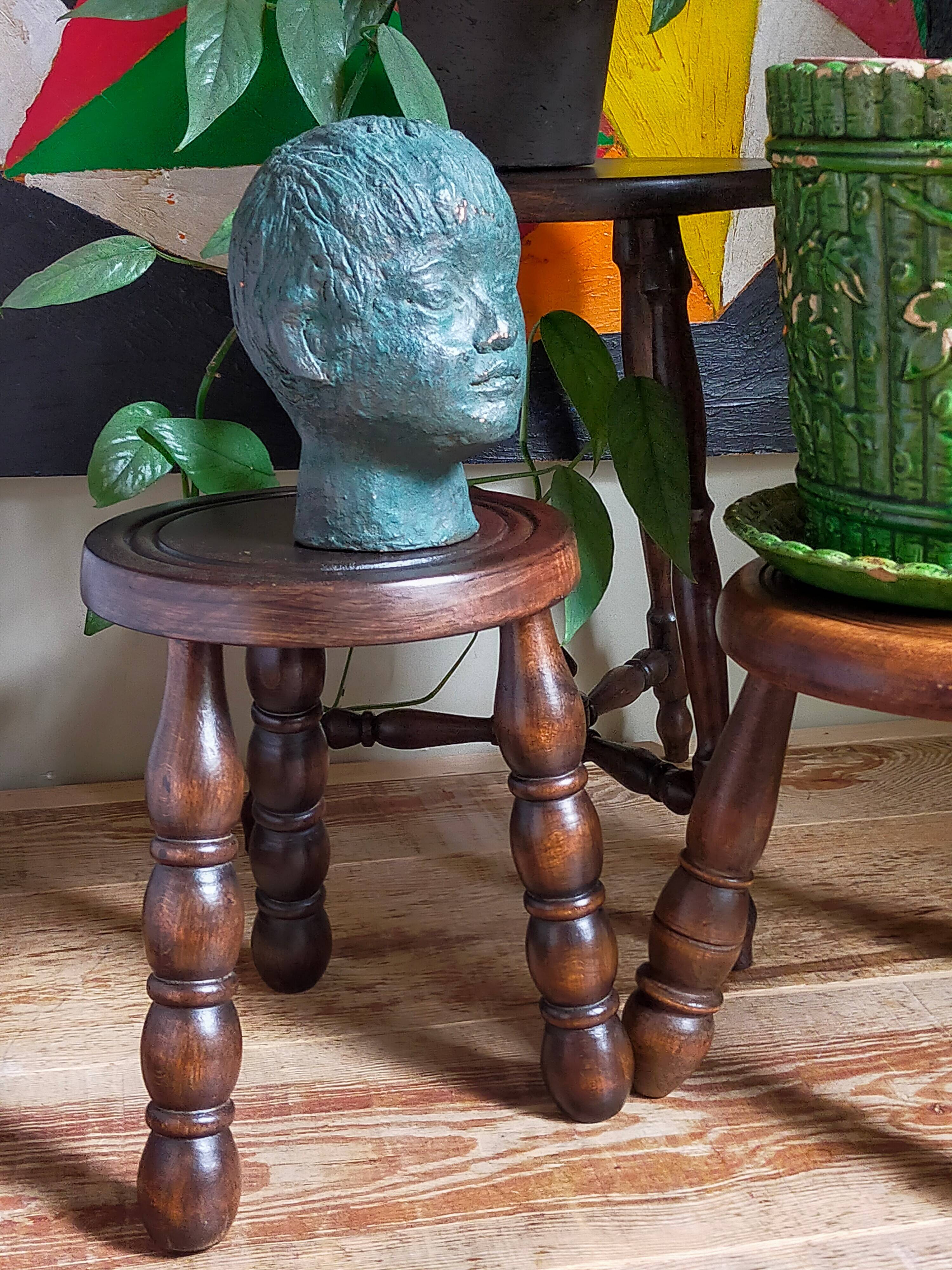 Vintage solid turned wood tripod stool