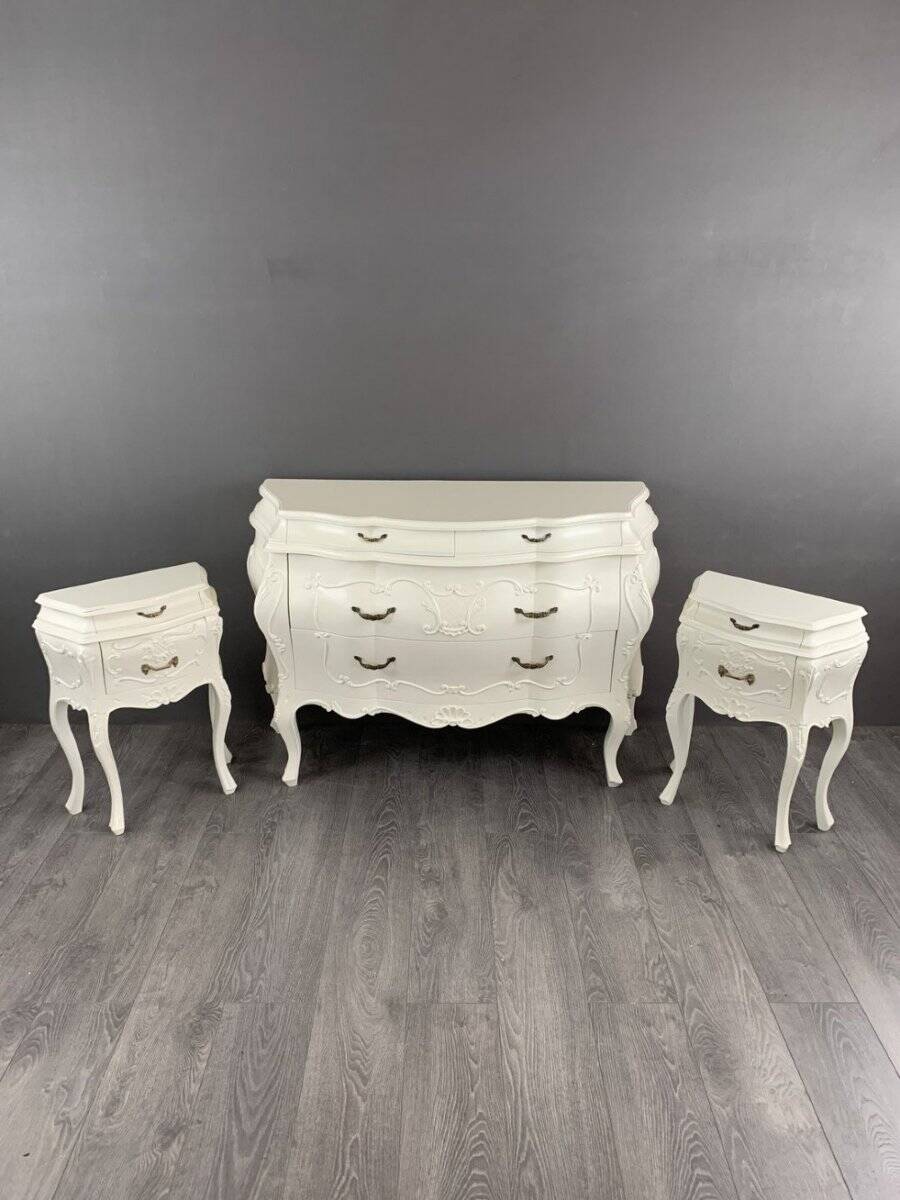 Louis XV Style Bedroom Set, Chest of Drawers and Two Bedside Tables, 20th Century