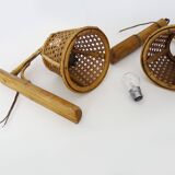 Pair of rattan and cane lantern wall lights. 1950s-60s