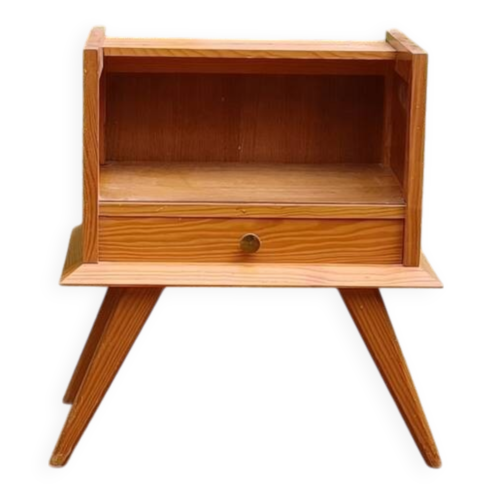 Solid pitch pine bedside table with vintage splayed legs.