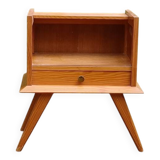Solid pitch pine bedside table with vintage compass legs