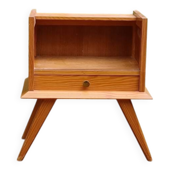 Table de chevet pitchpin massif avec pieds compas vintage