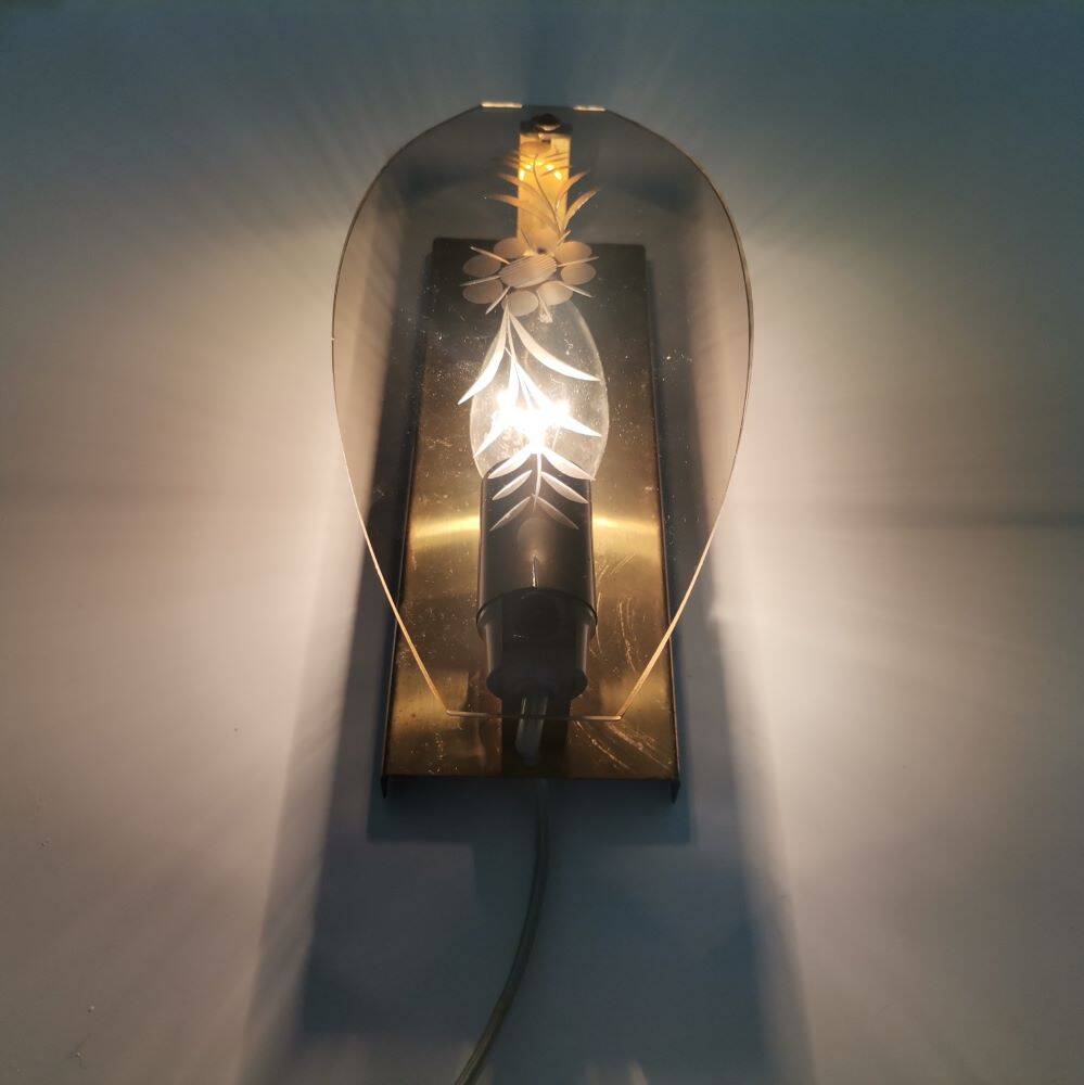 Set of 3 smoked glass and brass wall sconce lamps