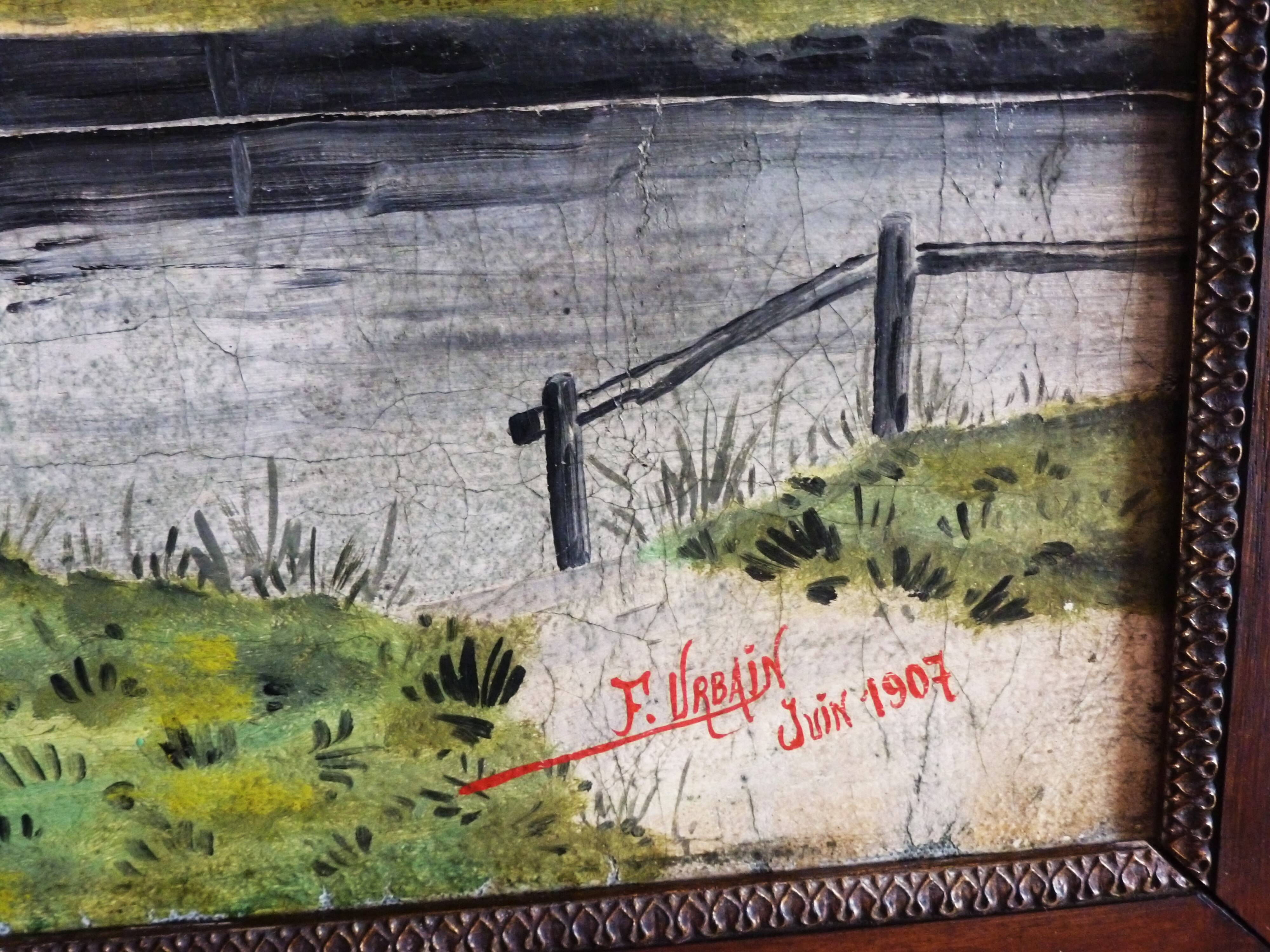 Antique landscape painting / framed oil painting of countryside landscape.