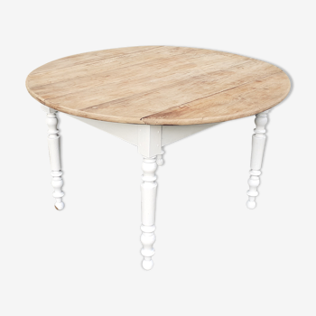 Table ronde style Louis Philippe abattant bois brut et blanc