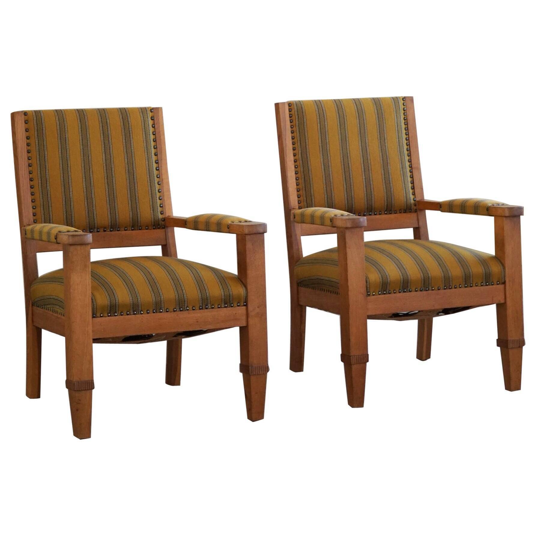 Pair of Art Deco armchairs in oak and fabric, Danish cabinetmaker, 1940s