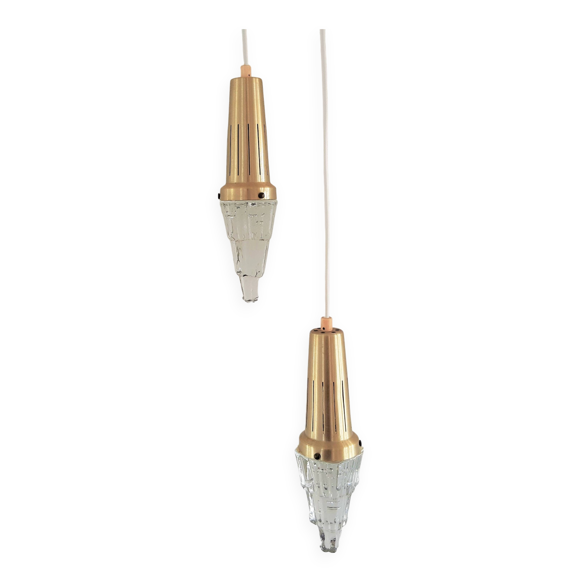 Set of 2 vintage glass & brass icicle pendant lamps for Vitrika, Denmark, 1960's/1970's