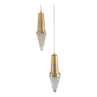Set of 2 vintage glass & brass icicle pendant lamps for Vitrika, Denmark, 1960's/1970's