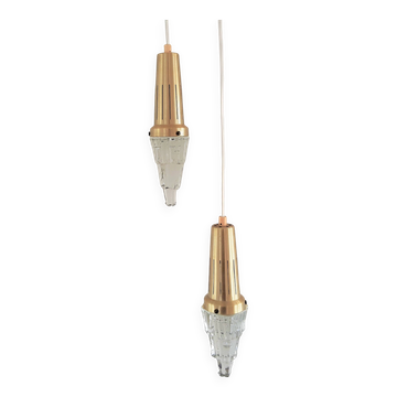 Set of 2 vintage glass & brass icicle pendant lamps for Vitrika, Denmark, 1960's/1970's