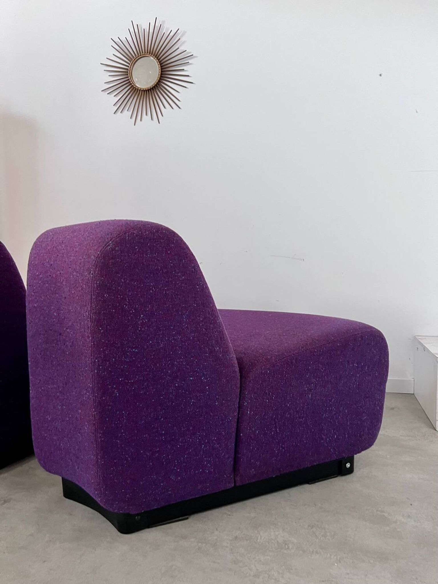 Lot 2 low chairs Space Age design from the 70s purple fabric vintage armchair