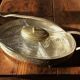 Plateau apéritif métal doré laiton compartiments en verre