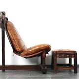 Brutalist oak lounge chair and ottoman, 1970s, set of 2