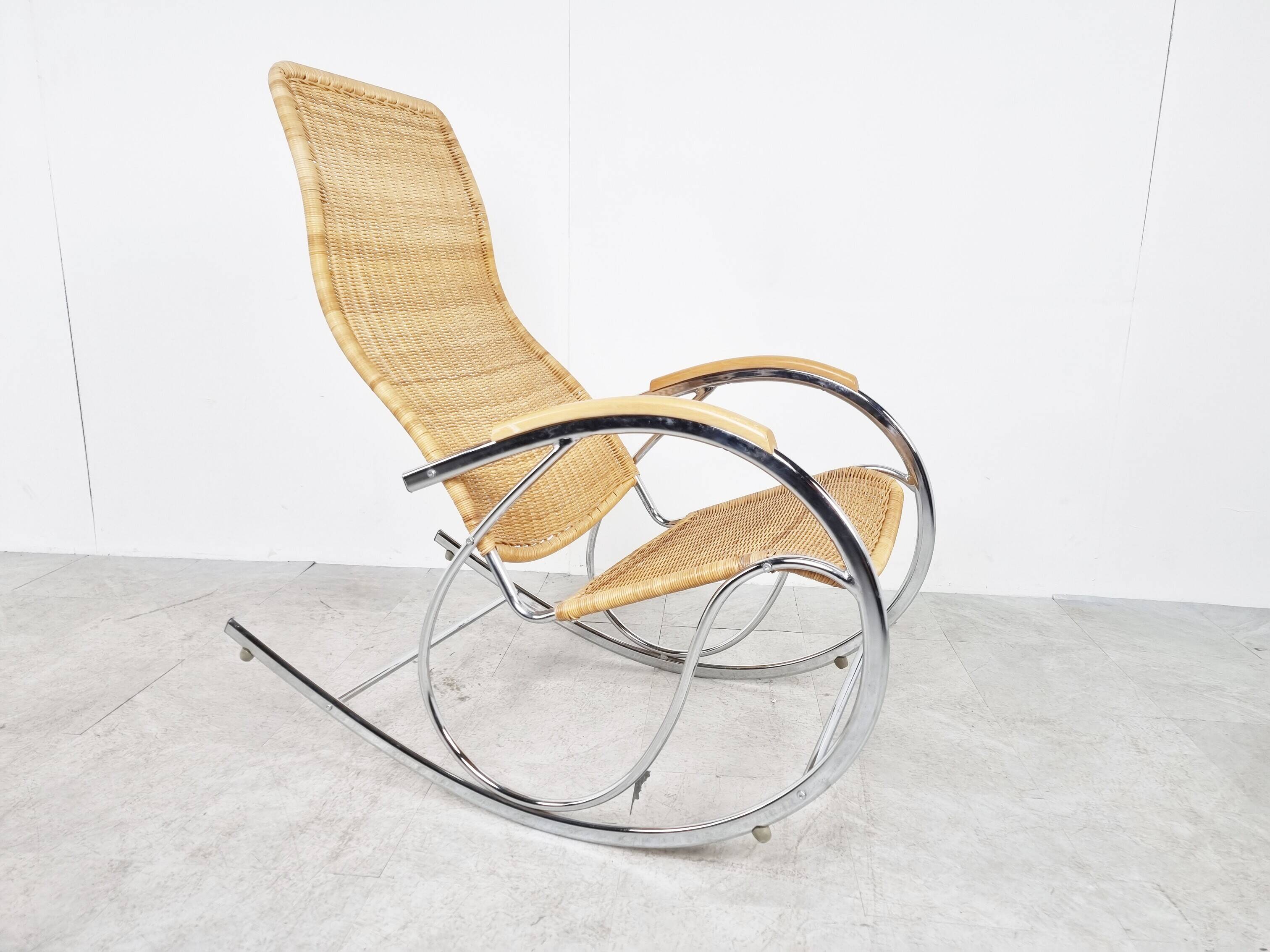 Vintage chrome and wicker rocking chair, 1970s