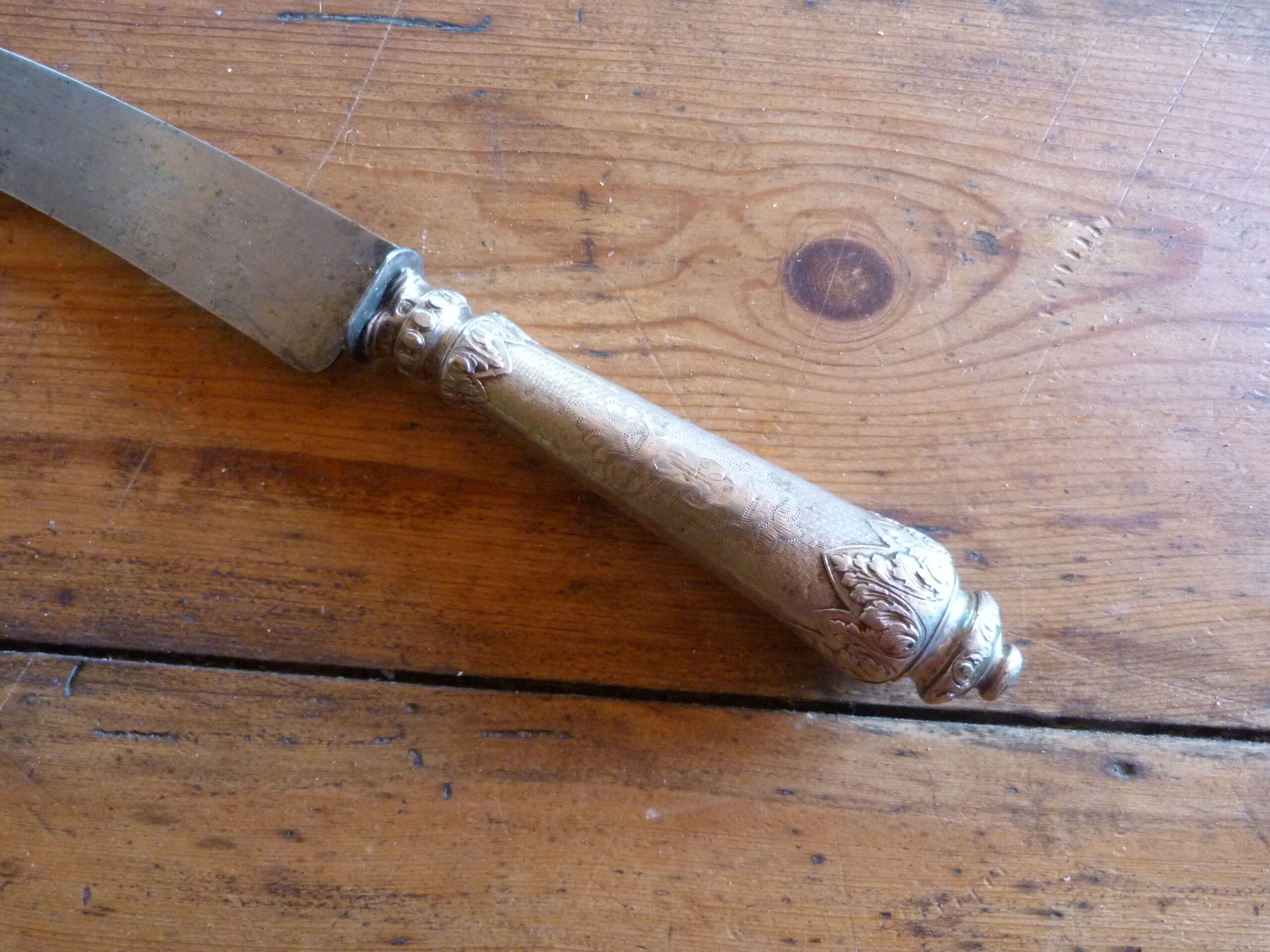 Old meat knife nineteenth century handle silver filled chiseled punch