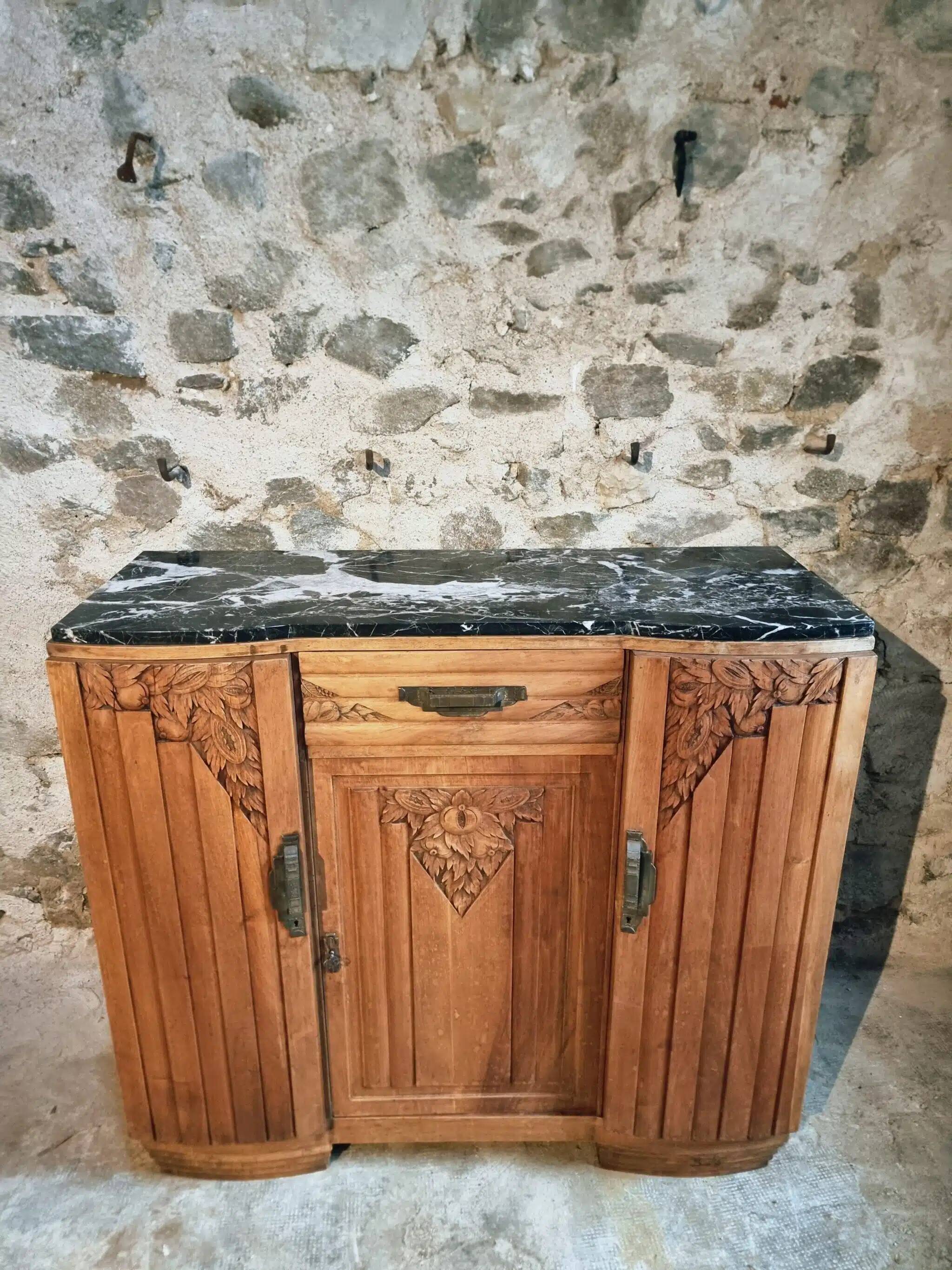 French Art Deco walnut sideboard with marble top, 1920s