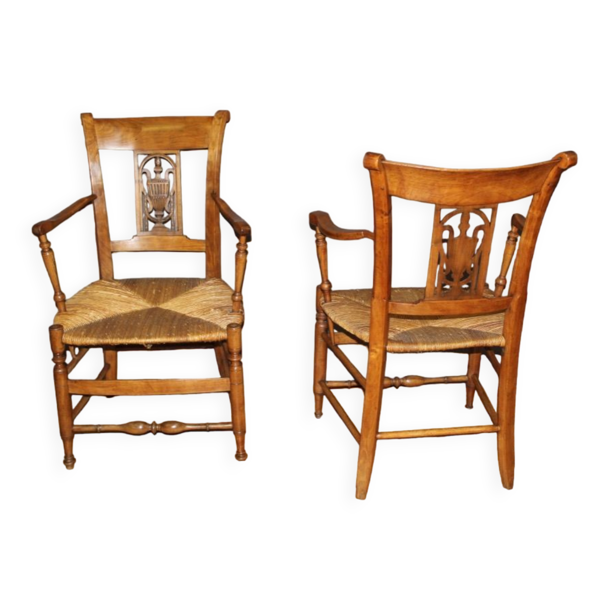 Pair of straw armchairs in cherry wood Directoire early XIX
