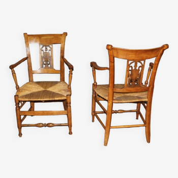 Pair of straw armchairs in cherry wood Directoire early XIX