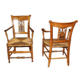 Pair of straw armchairs in cherry wood Directoire early XIX