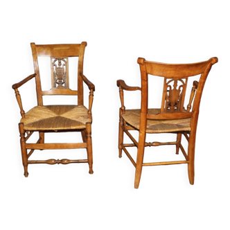 Pair of straw armchairs in cherry wood Directoire early XIX