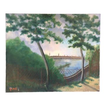 Ancient painting of the trees and the lake.