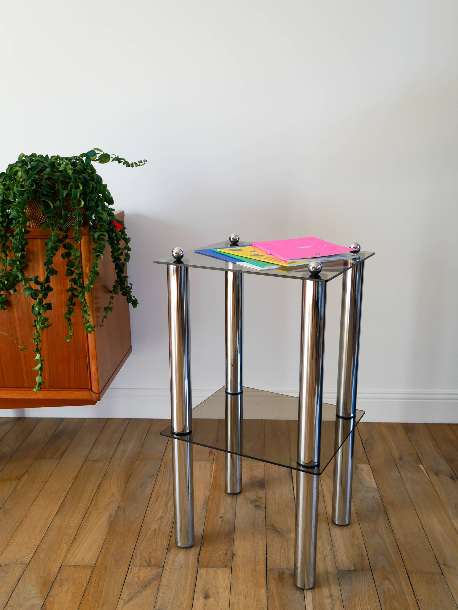 Bolster in chrome and smoked glass, double floors, Design, 1970