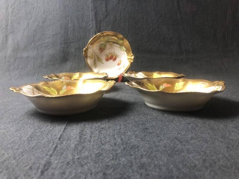 Five Antique Limoges Porcelain Berry Plates: Hand-Painted Gilbert, Gilded