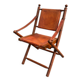 Vintage Safari Armchair in Cognac Leather and Turned Wood – 1940s/50s