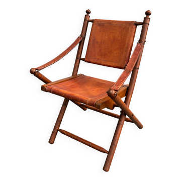 Vintage Safari Armchair in Cognac Leather and Turned Wood – 1940s/50s