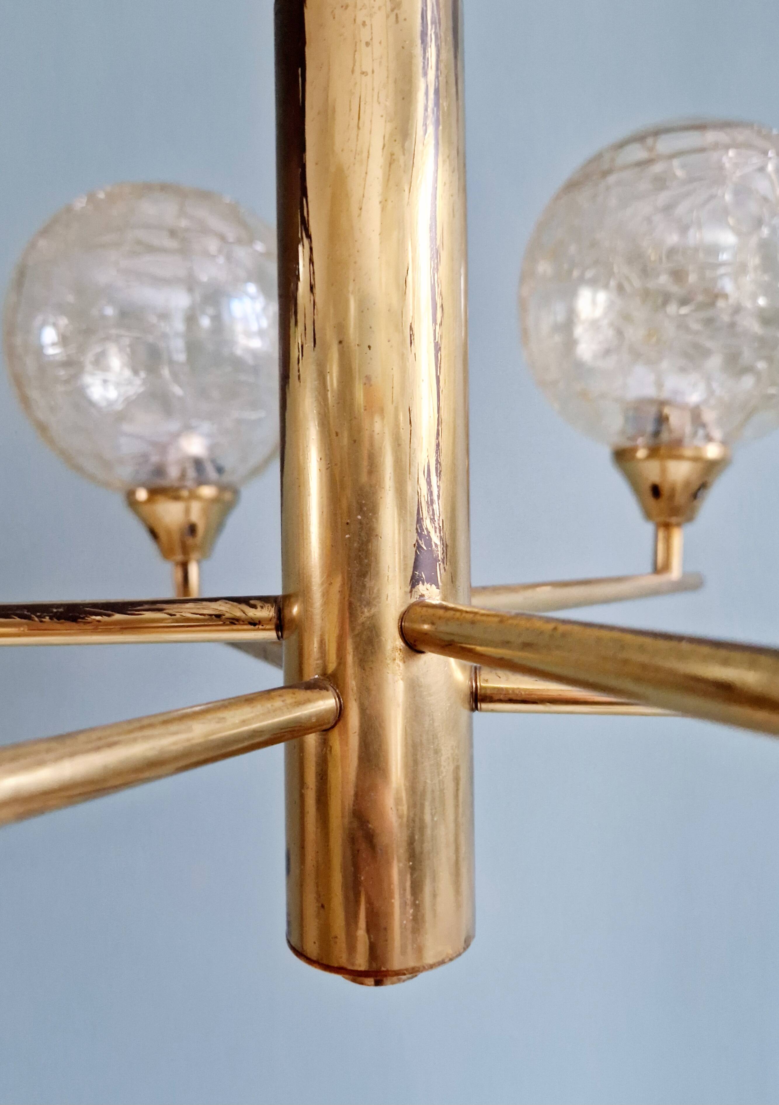 Brass chandelier with amber cracked glass globes, 1950s-60s