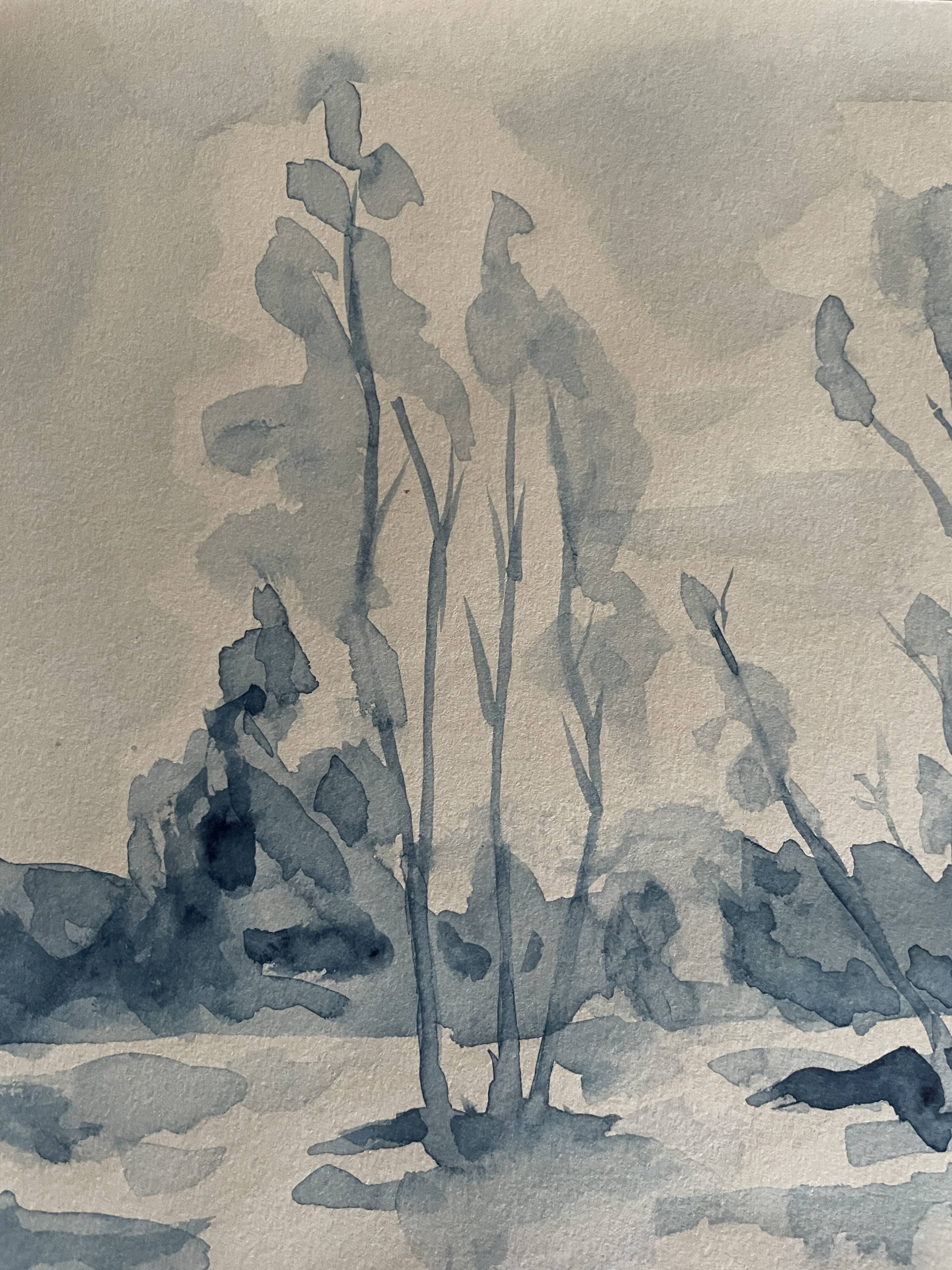 Tableau Aquarelle signé monochrome blue jeans « la forêt bleue »