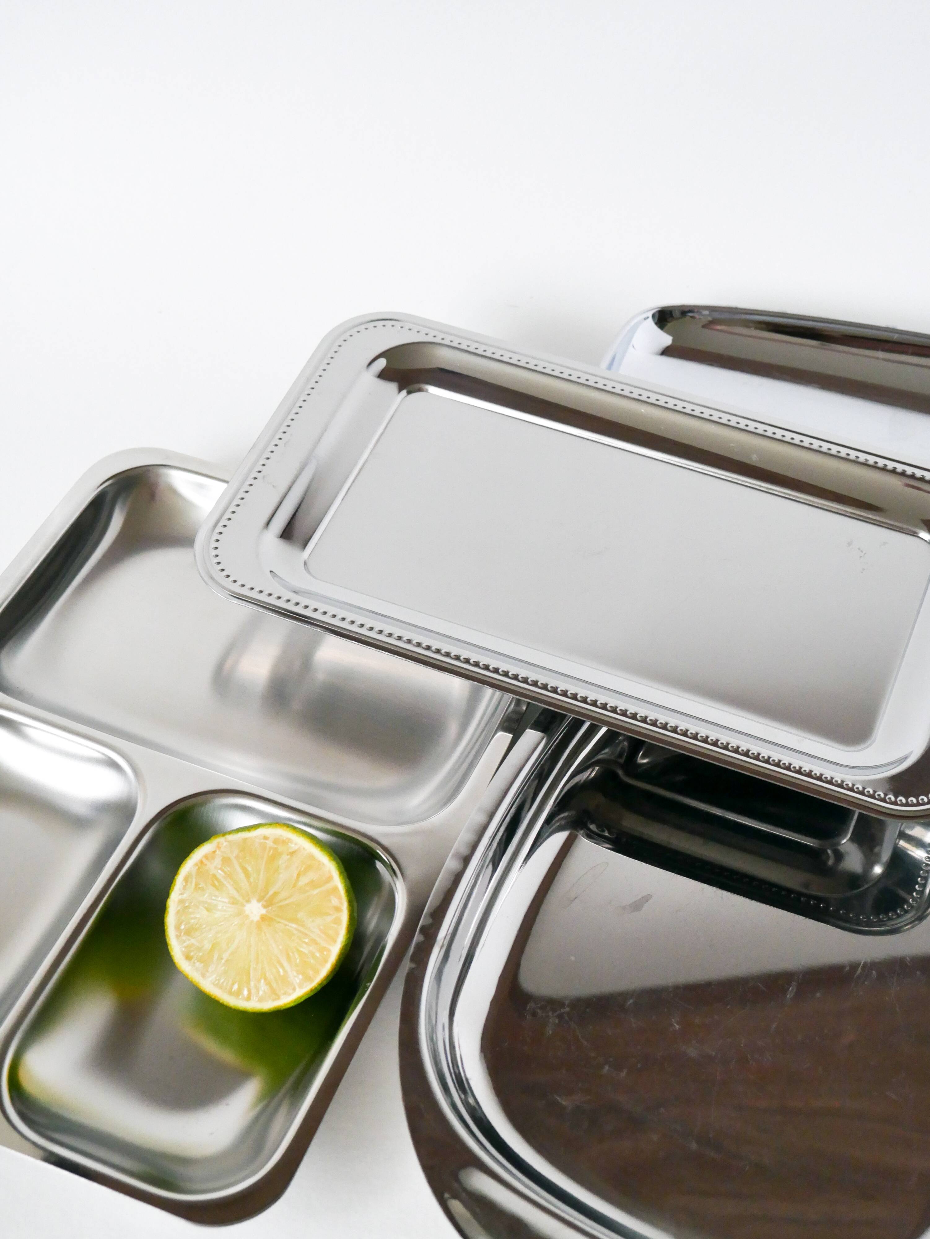 Rectangular stainless steel dish, rounded edges Design, 1970