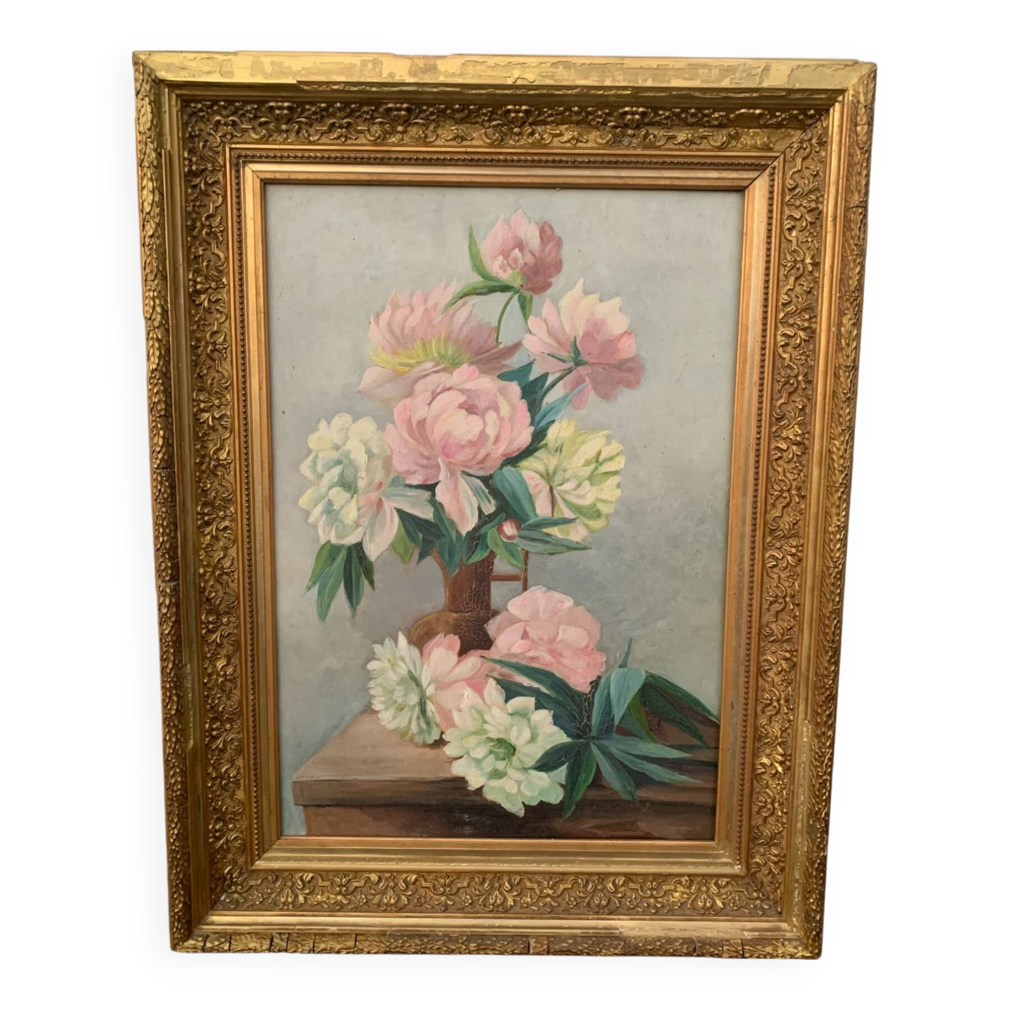 Nature morte huile sur toile bouquet roses pivoines